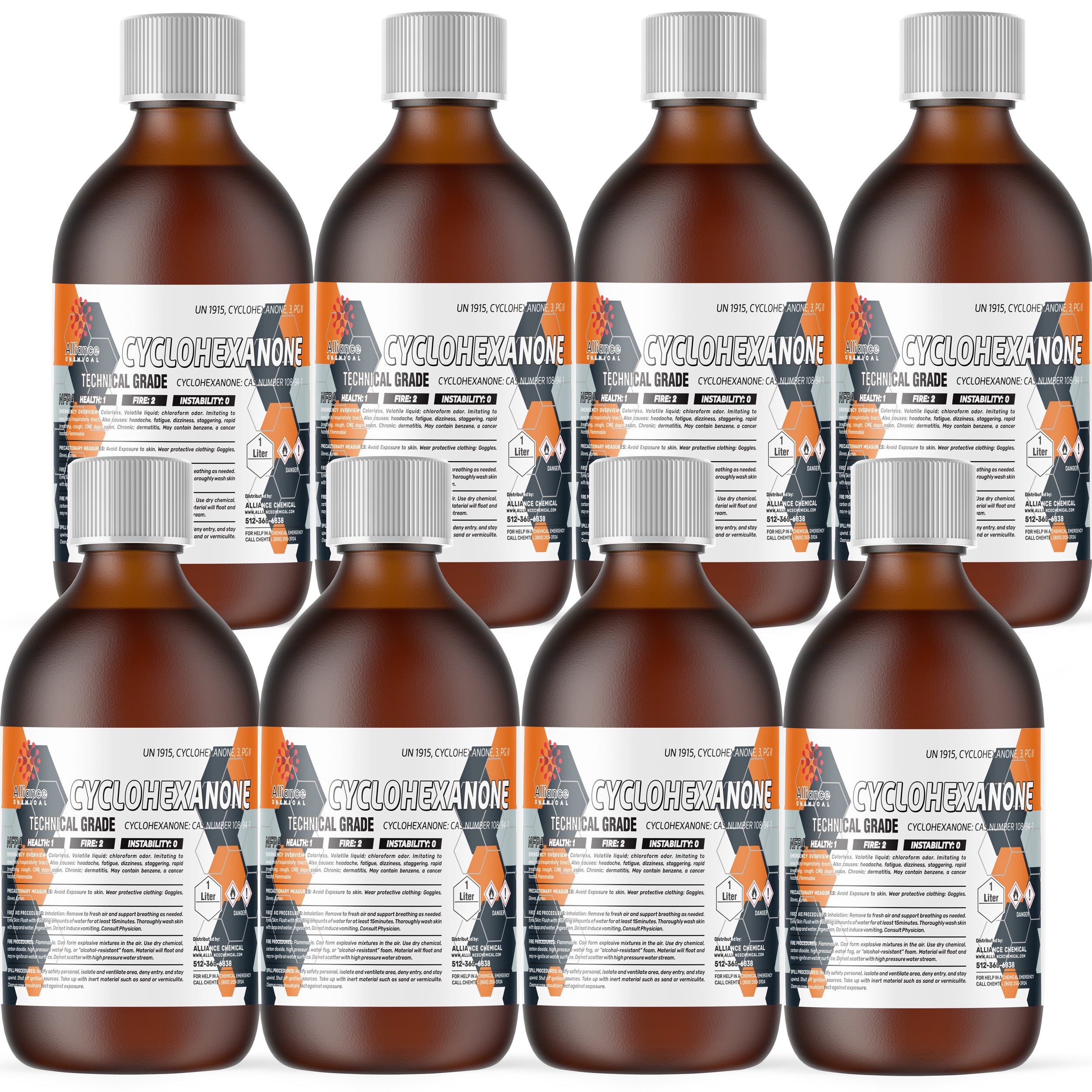 8x1L Cyclohexanone Technical Grade in amber glass bottles with UN1915 classification, GHS hazard symbols, and white screw caps, industrial solvent.